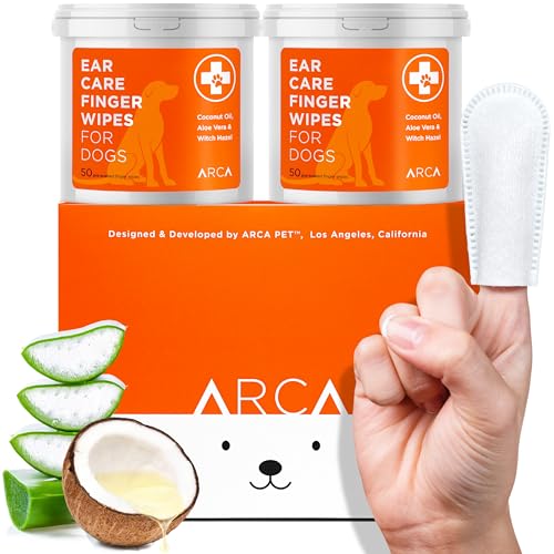 ARCA PET Dog Ear Cleaner Wipes - Vet Formulated Cleanser for Dogs - Ear Itching, Dissolves Wax, Dirt & Odor with Coconut Oil & Aloe Vera (100 Finger Wipes)