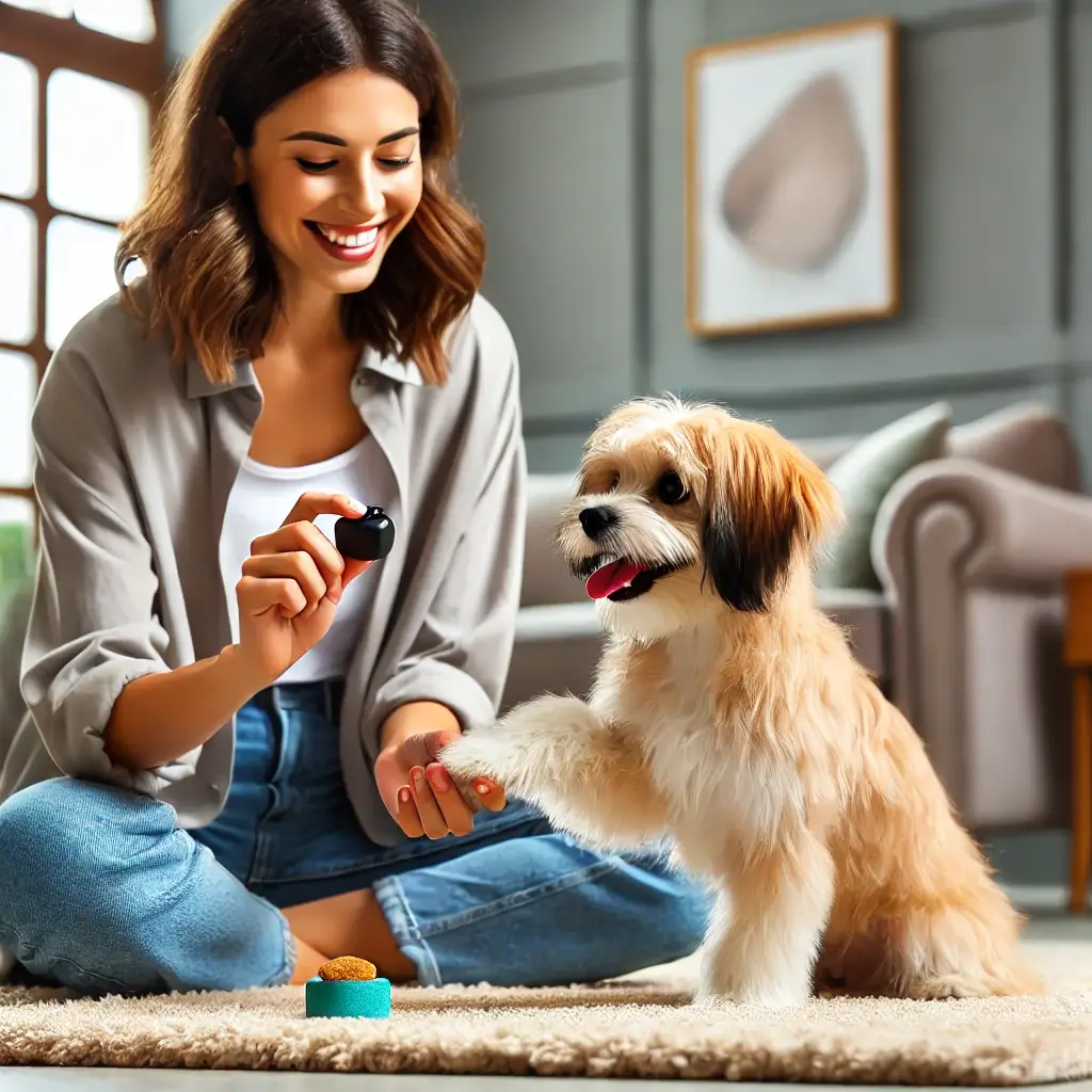 A-cheerful-scene-of-a-pet-owner-using-a-clicker-to-train-a-small-dog-indoors.-The-dog-is-performing-a-trick-like-giving-a-paw-with-the-owner-smiling