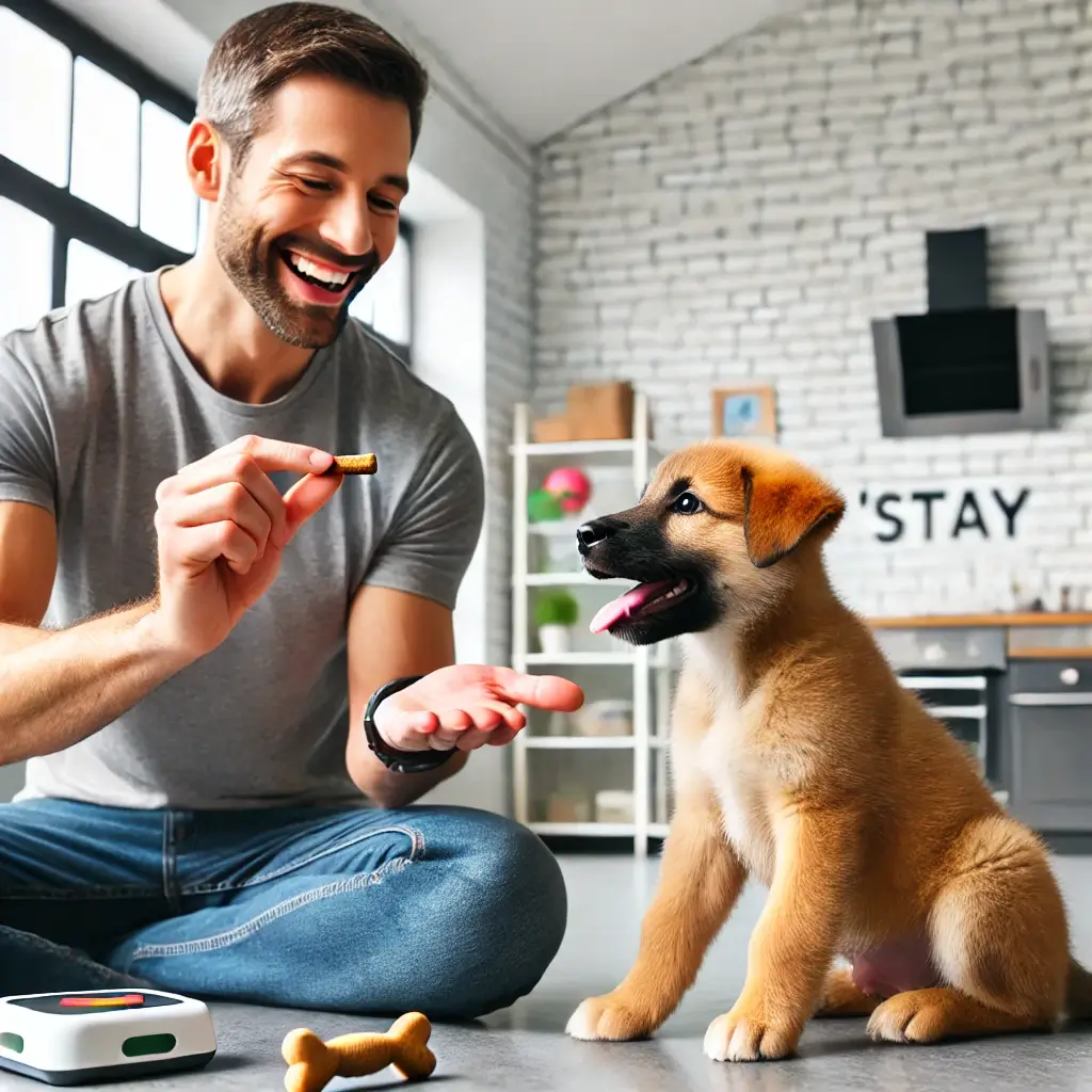 A cheerful trainer teaching a puppy to 'stay' with a treat in hand. The puppy is sitting attentively, with toys and a training clicker visible in the
