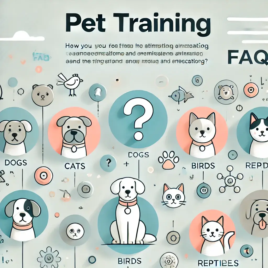A clean and visually appealing image showcasing a FAQ section about pet training. The image includes illustrated pet icons like dogs, cats, birds, rep