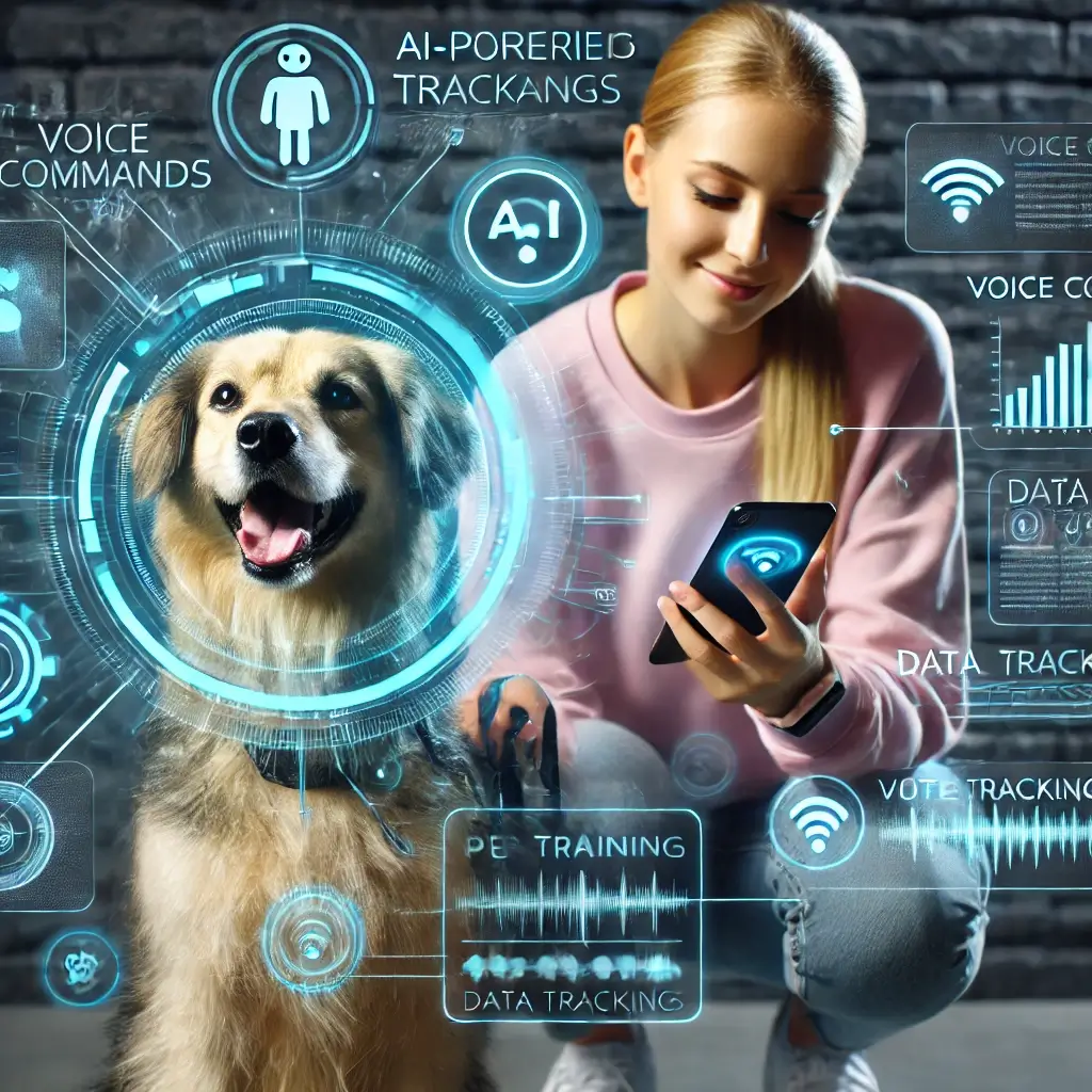 A-futuristic-representation-of-pet-training-trends.-The-image-shows-a-pet-owner-using-an-AI-powered-app-on-a-smartphone-with-a-happy-dog-in-the-foreg.