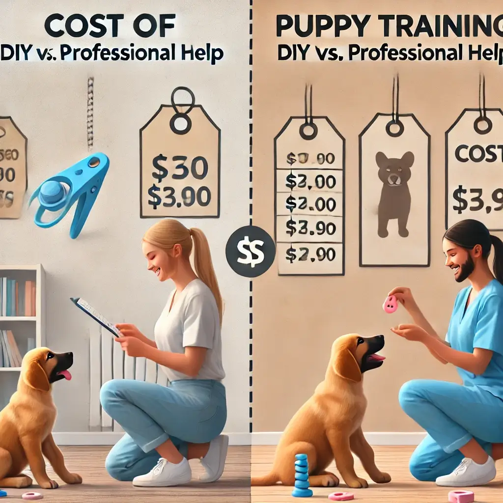 A high-quality, HD image comparing 'Cost of Puppy Training_ DIY vs. Professional Help.' The image is split into two halves_ one shows a pet owner trai