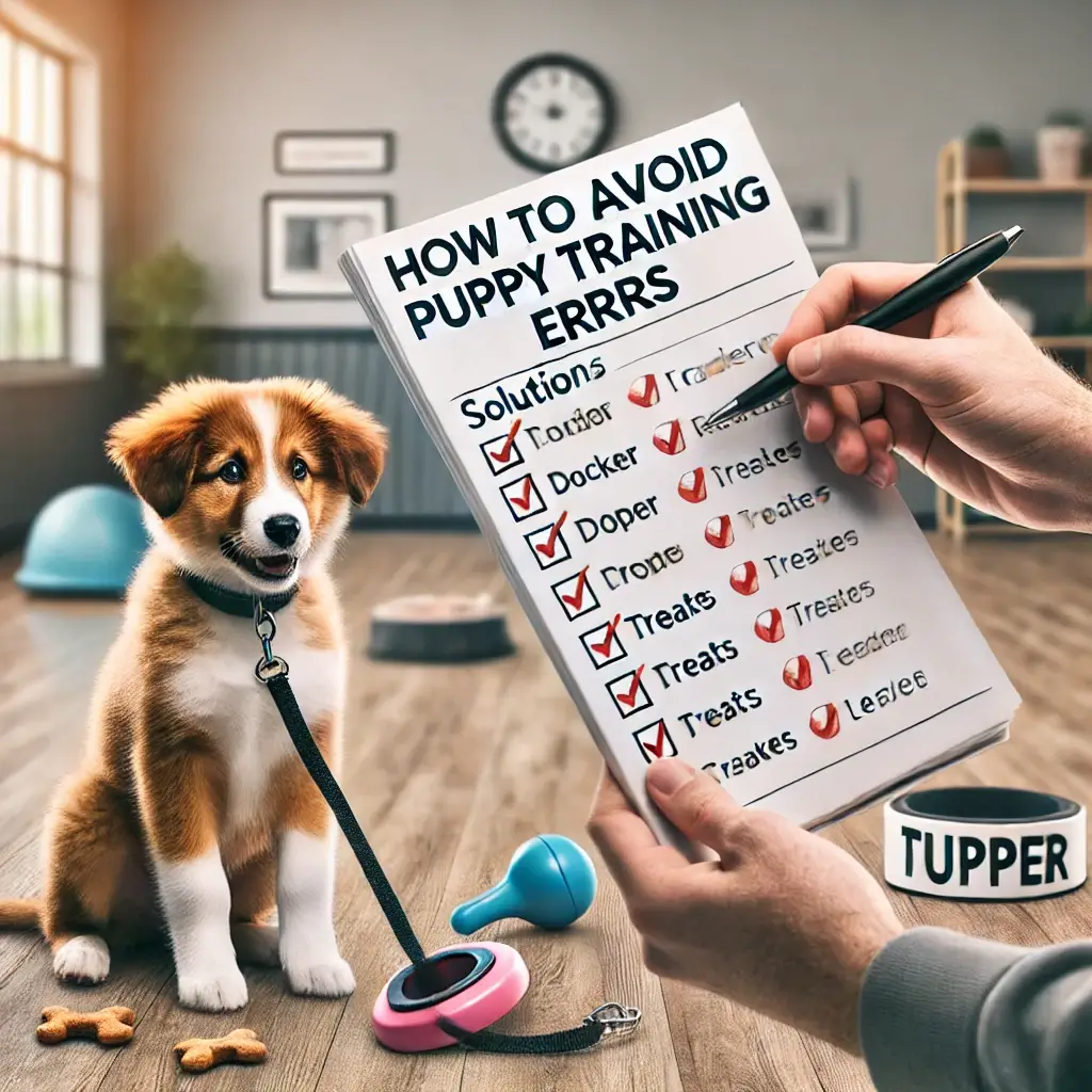 A high-quality, HD image depicting 'How to Avoid Puppy Training Errors.' The image shows a trainer holding a checklist of solutions for common mistake