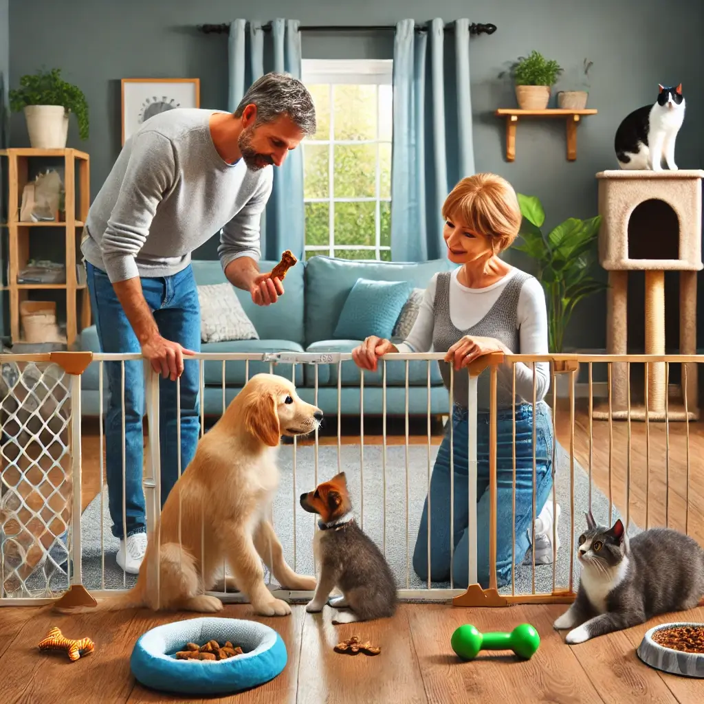 A high-quality, HD image depicting tips for socializing multiple pets at home. The image features a family introducing a new puppy to an older dog and (1)