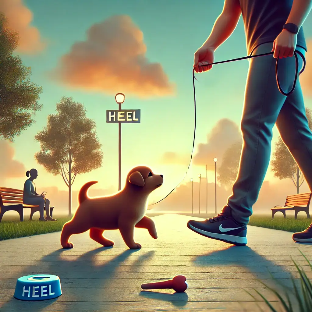 A high-quality, HD image illustrating 'Advanced Obedience Techniques' for puppies. The image shows a trainer walking with a puppy practicing the 'heel