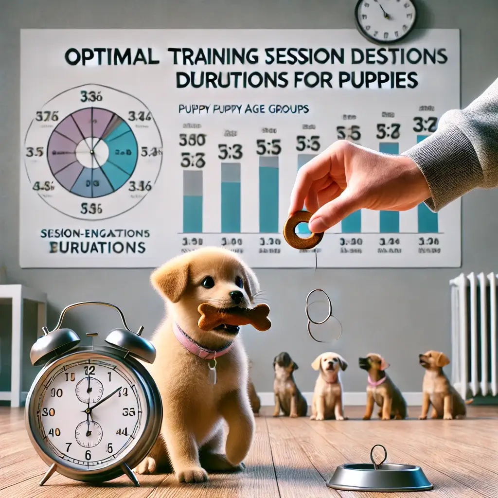 A high-quality, HD image illustrating 'Optimal Training Session Durations for Puppies.' The image features a clock and a playful puppy being trained b