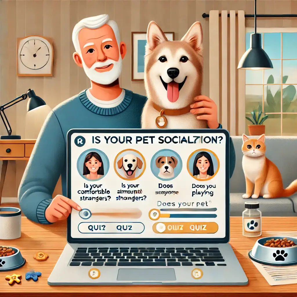 A high-quality, HD image illustrating a fun and engaging interactive quiz about pet socialization. The image includes a pet owner sitting at a desk wi