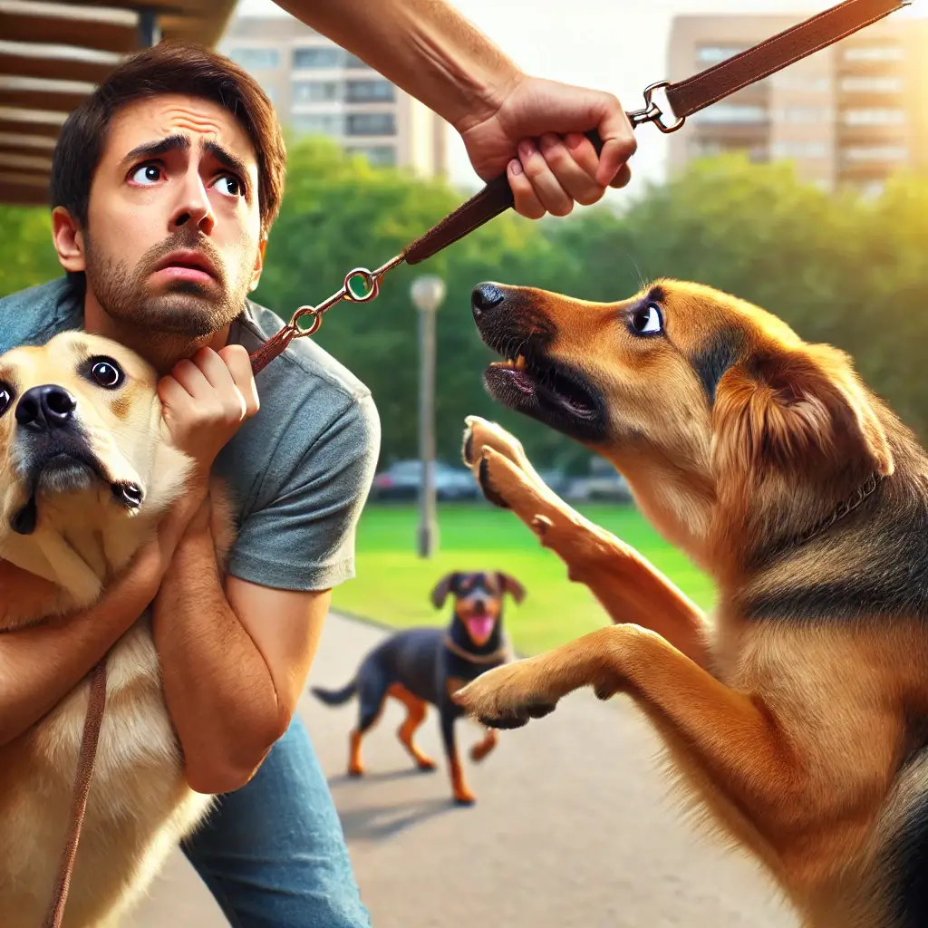 A high-quality, HD image illustrating common mistakes in pet socialization. The image features a dog appearing stressed and pulling away from another