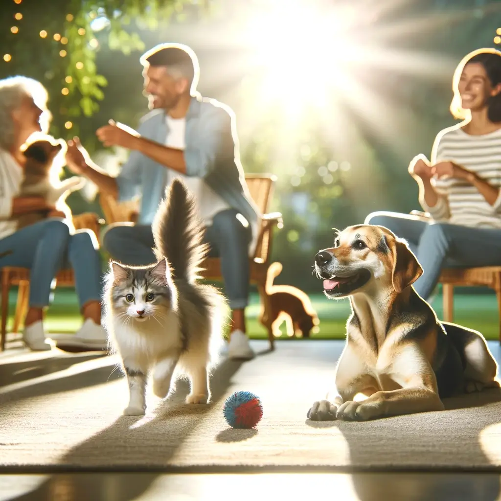 A high-quality, HD image illustrating the benefits of pet socialization. The image features a happy dog playing with another dog in a park while their (1)