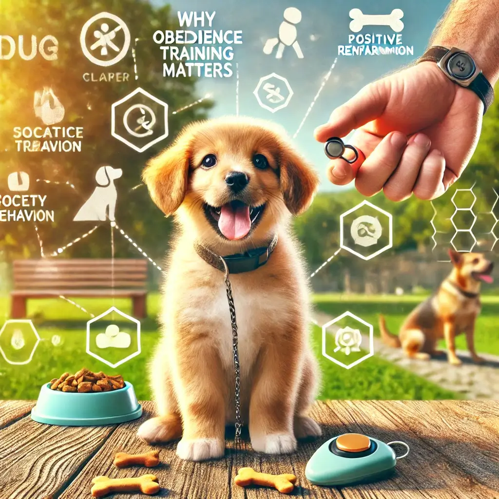 A high-quality, HD image illustrating the concept of 'Why Obedience Training Matters' for puppies. The image features a happy puppy sitting obediently
