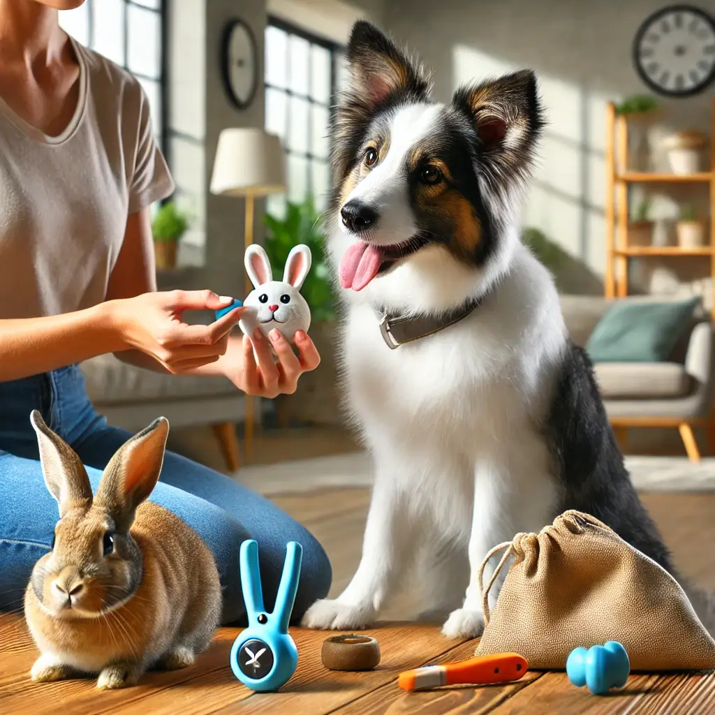 A high-quality, HD image representing pet socialization, showcasing a dog and a rabbit in a safe and friendly interaction within a well-lit, comfortab