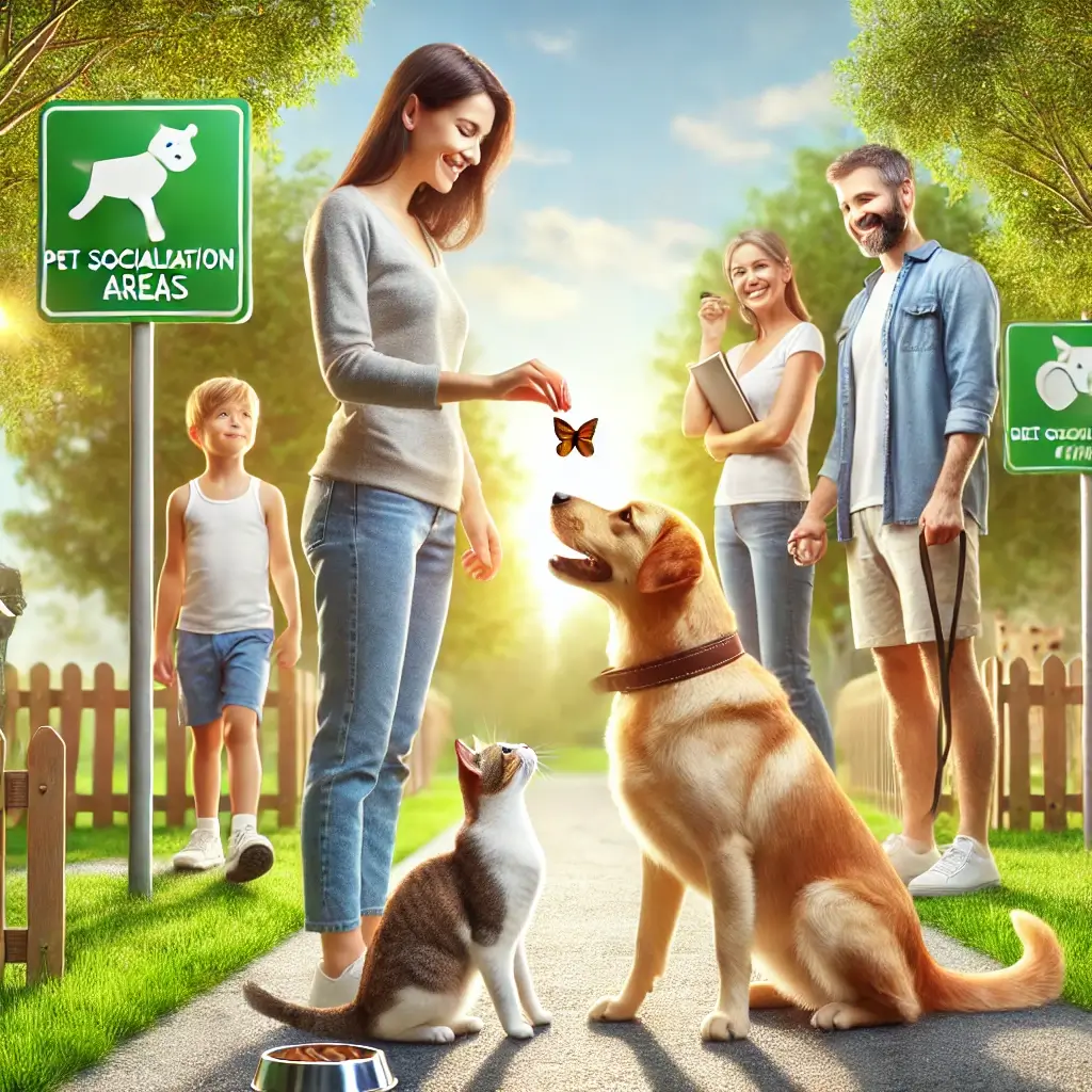 A high-quality, HD image representing the concept of pet socialization. The image features a dog and a cat interacting peacefully in a pet-friendly pa