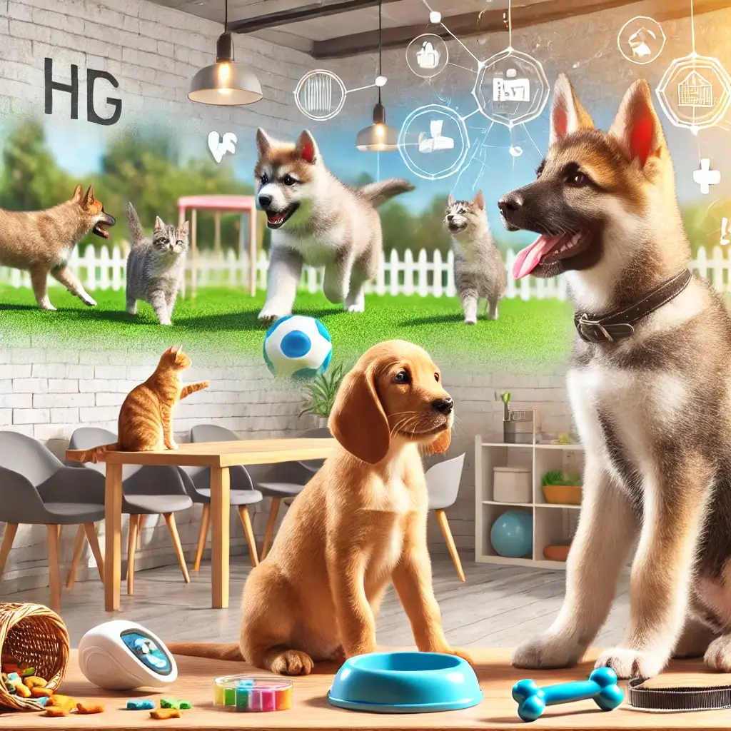 A high-quality, HD image representing the socialization process for pets at different ages. The image includes a playful puppy interacting with other (1)