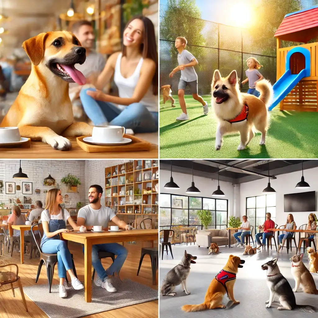 A high-quality, HD image showcasing a variety of pet-friendly spaces for socialization. The image includes a vibrant dog park with dogs playing togeth