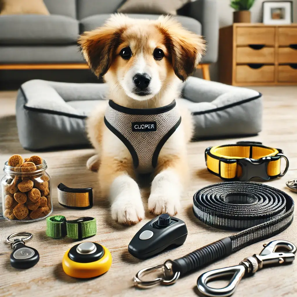 A high-quality, HD image showcasing essential tools for puppy training. The image includes a neatly arranged display of a clicker, a leash and harness