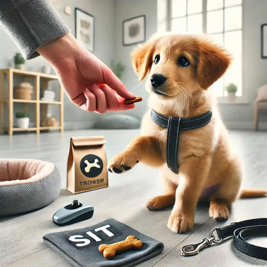A high-quality, HD image visually representing a 'Step-by-Step Guide to Basic Obedience Training' for puppies. The image shows a trainer teaching a pu