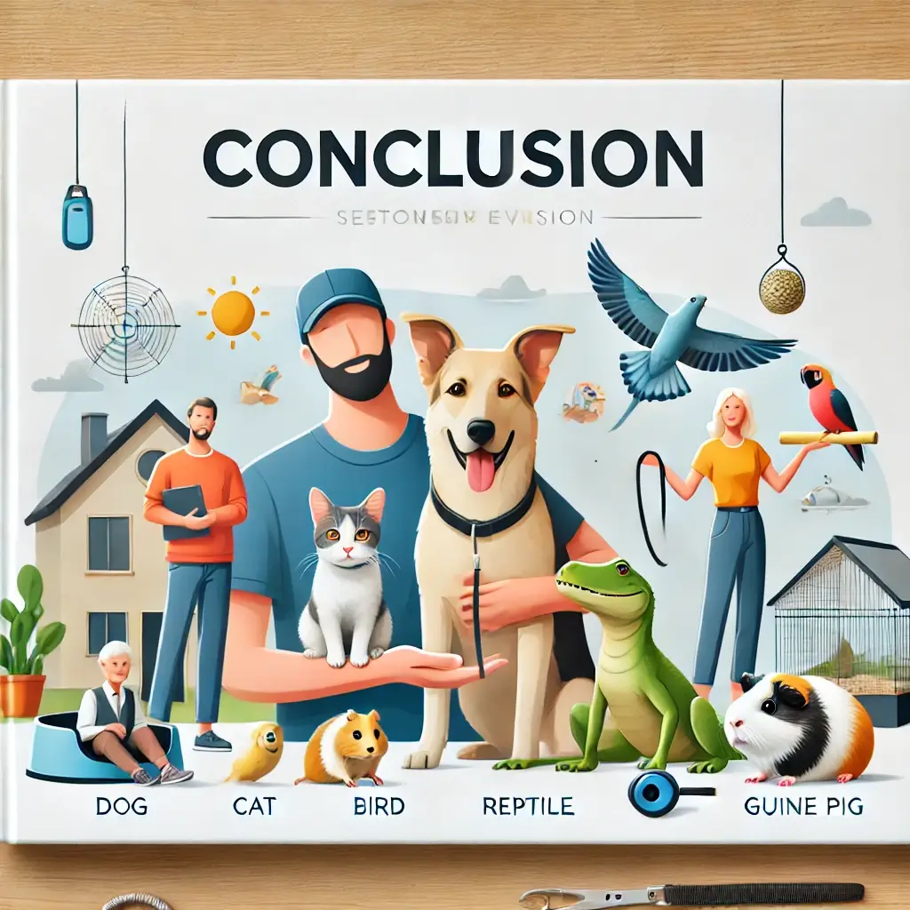 A high-quality and visually appealing image representing a conclusion section on pet training. The image features various pets (a dog, cat, bird, rept