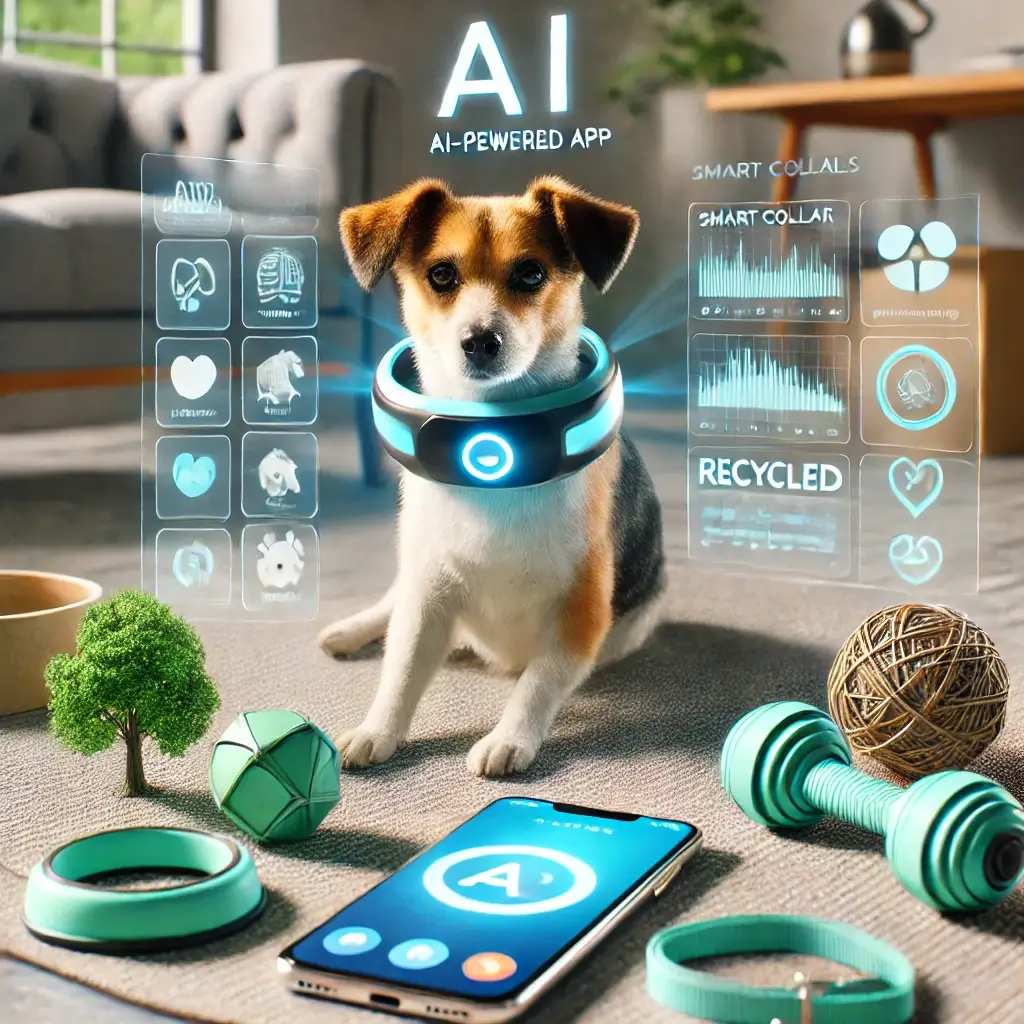 A high-quality image depicting emerging trends in pet behavior management. A pet wearing a smart collar with an AI-powered app displayed on a nearby s