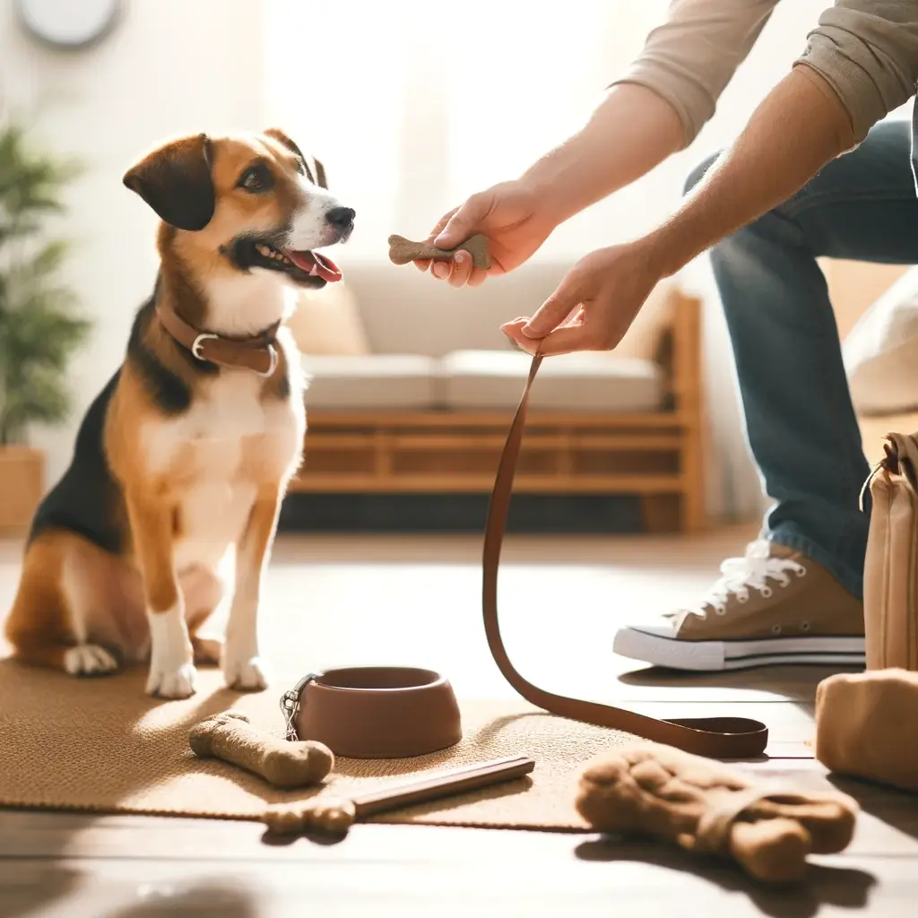 A high-quality image of a dog sitting obediently during a training session while the owner offers a treat. Nearby are essential tools like a leash and