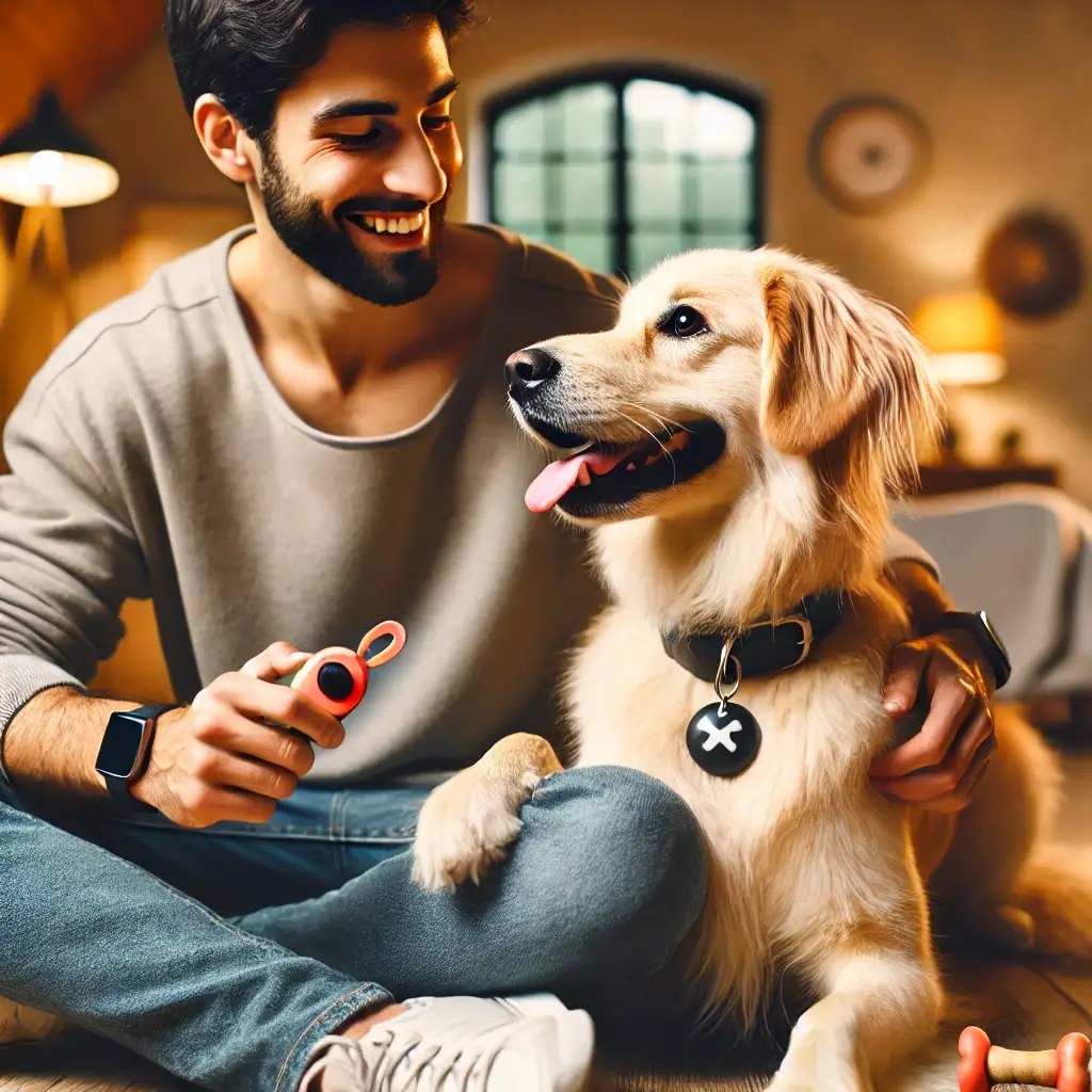 A high quality image of a pet owner bonding with their dog after a successful training session. The owner is smiling petting the dog while a clicker