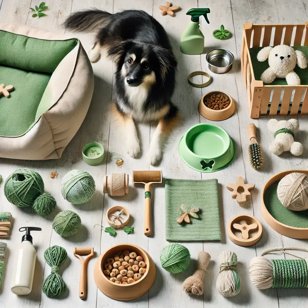 A high-quality image showcasing a range of eco-friendly pet gear, including biodegradable toys, organic cotton pet beds, bamboo food bowls, and natura (1)