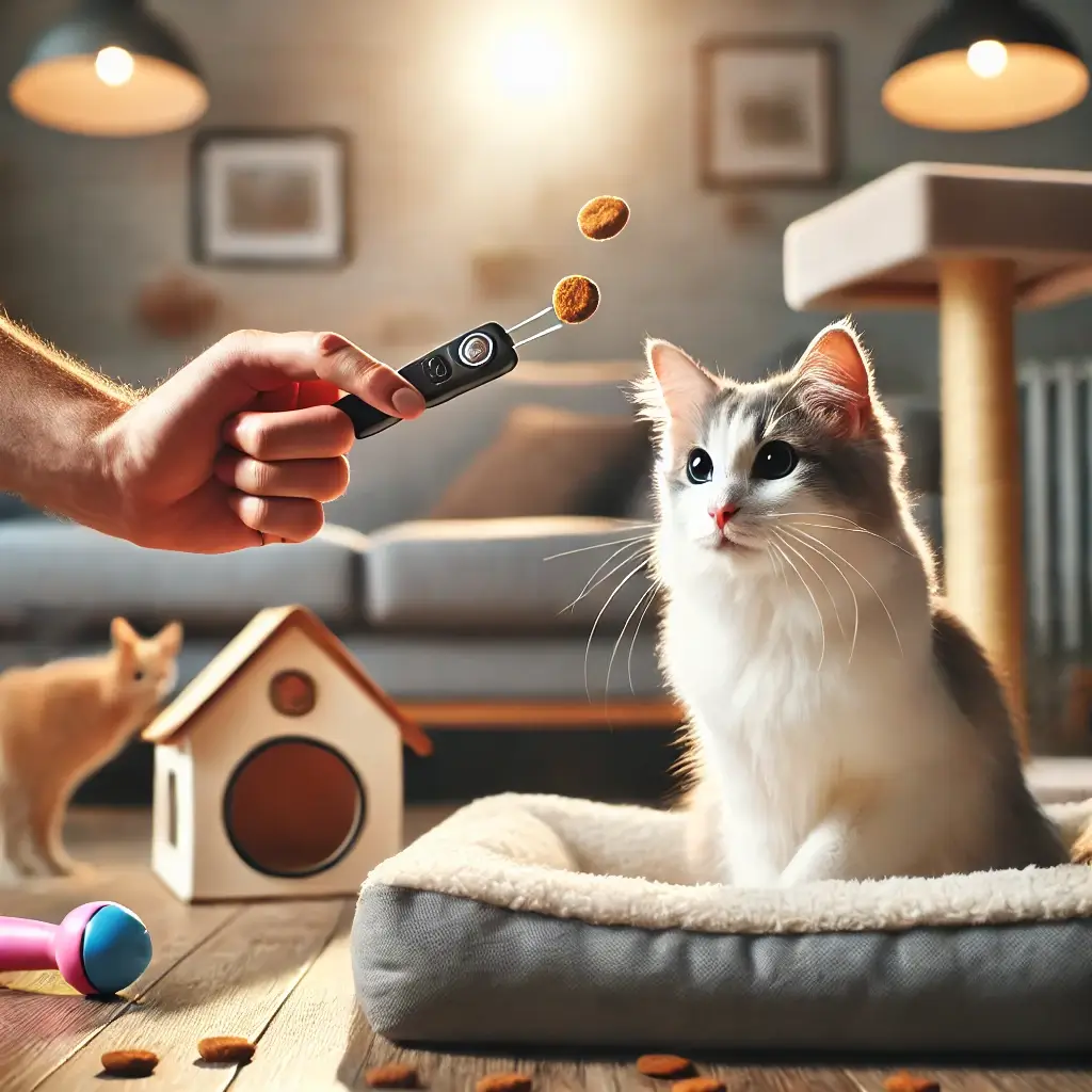 A high quality image showcasing cat training activities. The image features a trainer using a clicker to guide a cat through a training session focus