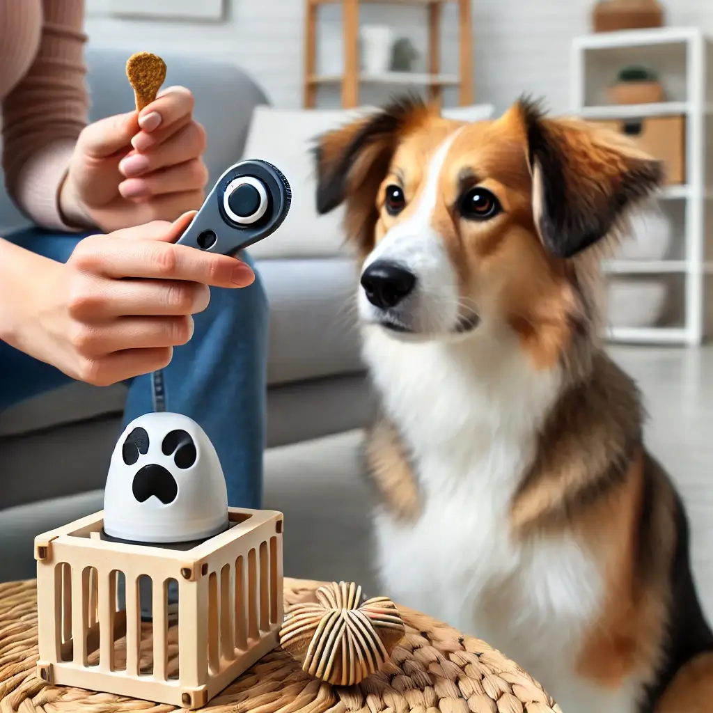 A modern, high-quality image of a pet owner using a clicker to train their dog. The owner is holding a treat while clicking, and the dog is attentivel