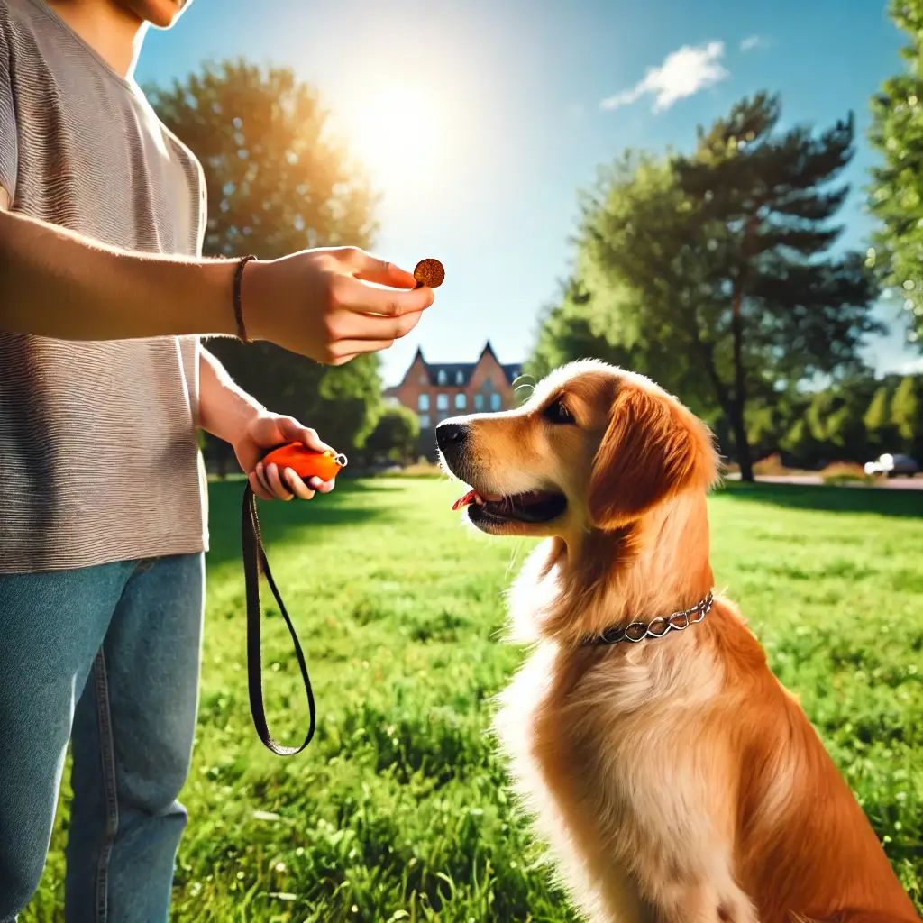 A-person-training-their-golden-retriever-in-a-sunny-park.-The-dog-is-sitting-attentively-while-the-owner-holds-a-treat-with-a-leash-and-clicker-in-ha