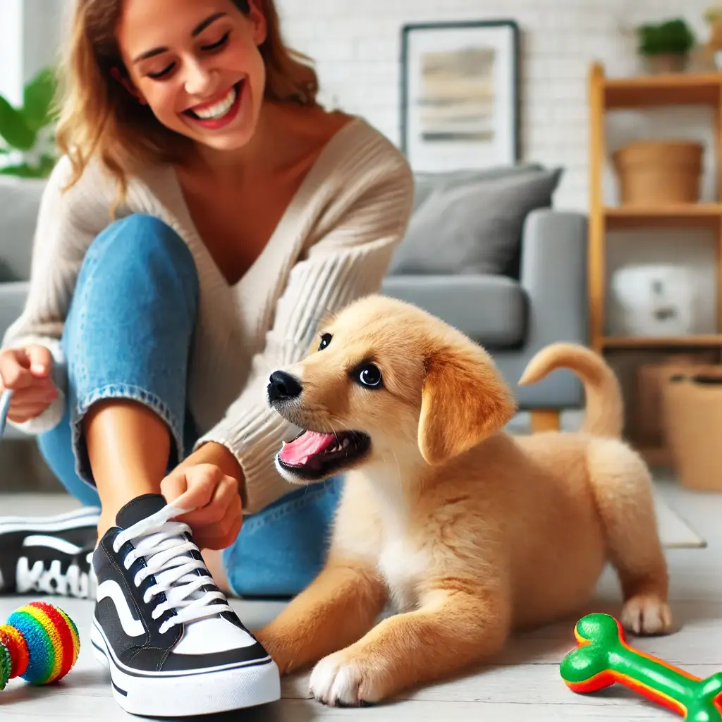 A playful puppy being redirected from biting a shoe to chewing on a toy by its smiling owner. The scene is in a bright, clean home environment with tr