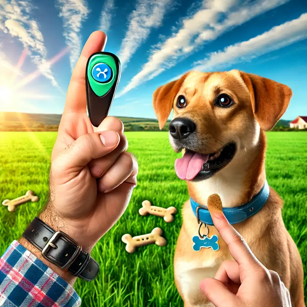 A-professional-image-showcasing-a-pet-owner-using-a-clicker-to-train-a-dog-outdoors-in-a-park.-The-dog-is-responding-to-a-hand-signal-and-the-backgro