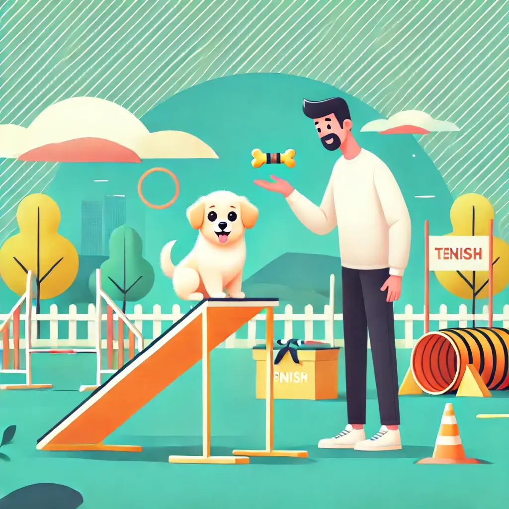 A puppy practicing agility on a small ramp with a trainer offering a treat at the finish. The setting includes bright outdoor scenery, an agility cour