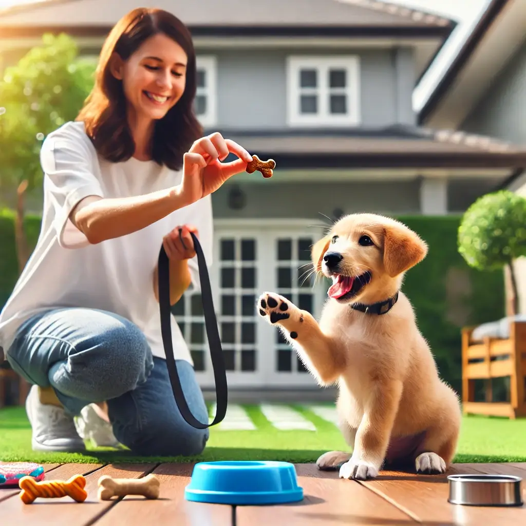 A puppy practicing basic commands like 'sit' and 'stay' with its trainer in a bright backyard setting. The scene includes a leash, treats, and toys, c