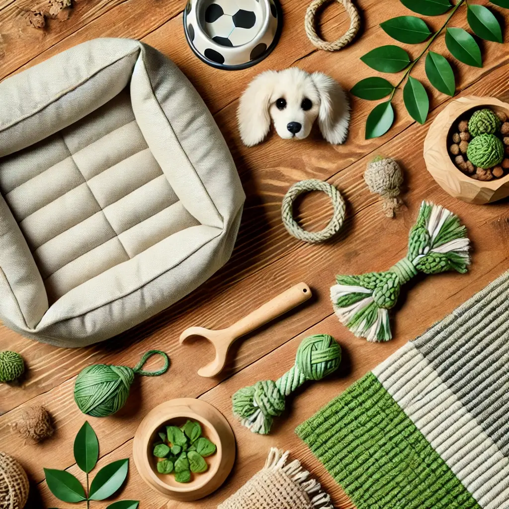 A visually appealing and modern representation of eco-friendly pet gear. The image features sustainable pet products such as a biodegradable pet bed, (1)