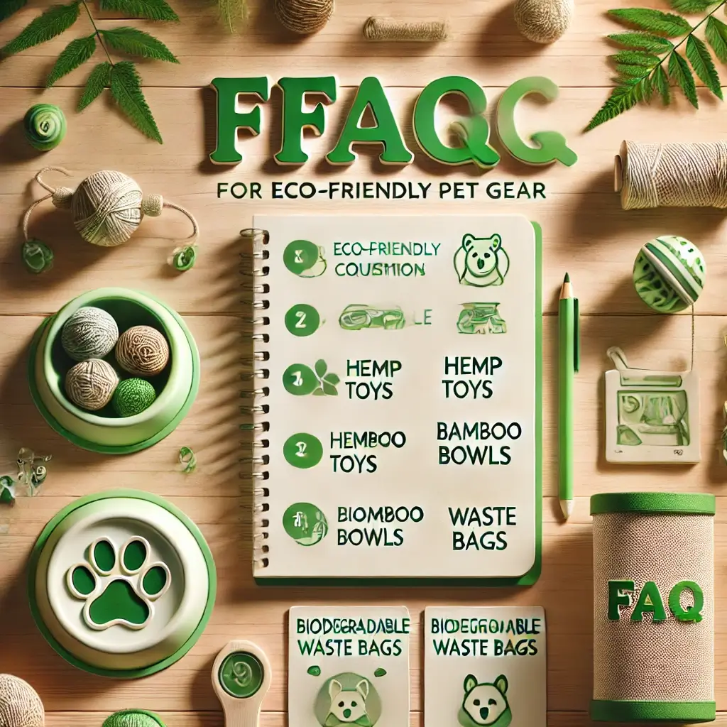 A visually appealing image designed for an FAQ section about eco-friendly pet gear. The image features icons of common questions, a notebook labeled ' (1)
