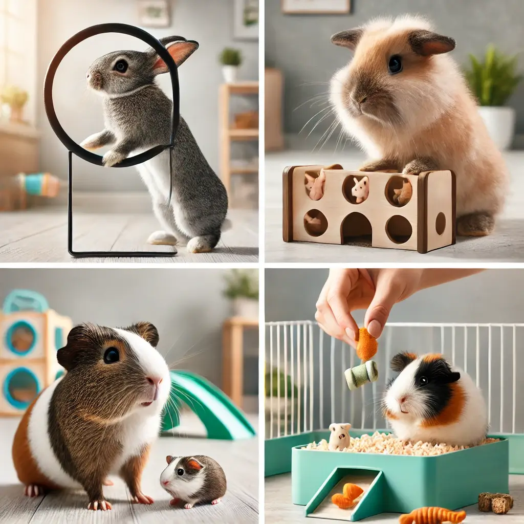 A visually engaging and clean image showcasing small pet training activities. The image includes a rabbit learning to jump through a hoop a guinea pi