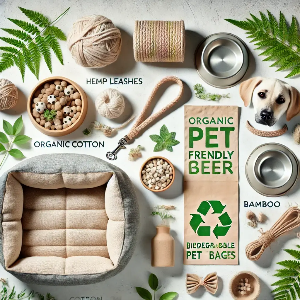A visually engaging and detailed image of eco-friendly pet gear, featuring sustainable options like hemp leashes, organic cotton pet beds, bamboo food (1)