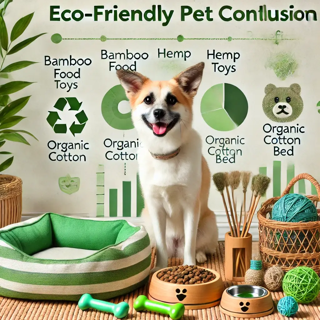A visually engaging image of an eco-friendly pet care conclusion, featuring a happy pet surrounded by sustainable items like a bamboo food bowl, hemp (1)