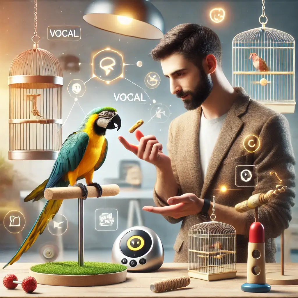A visually engaging image showcasing bird training activities. The image features a parrot on a perch engaging with a trainer who uses hand gestures a