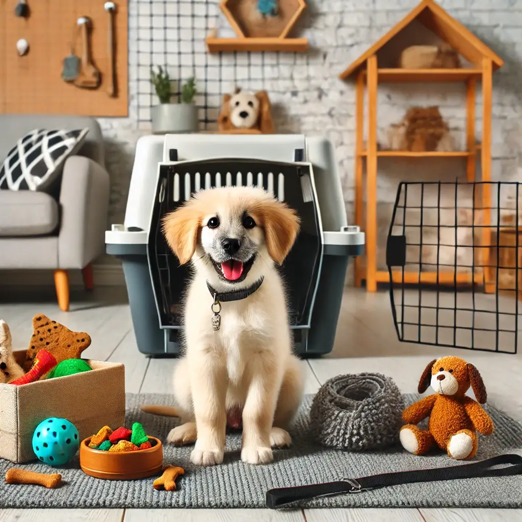 A well-organized puppy training area with a crate, leash, treats, and toys. The scene features a happy, playful puppy sitting attentively, surrounded