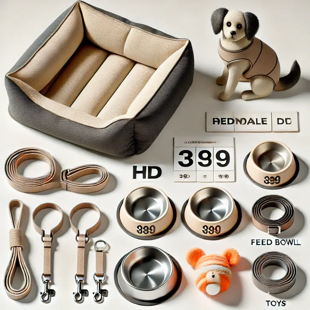 An HD image showcasing budget-friendly pet accessories, including a simple but stylish pet bed, feeding bowls, durable leashes, and a set of affordabl