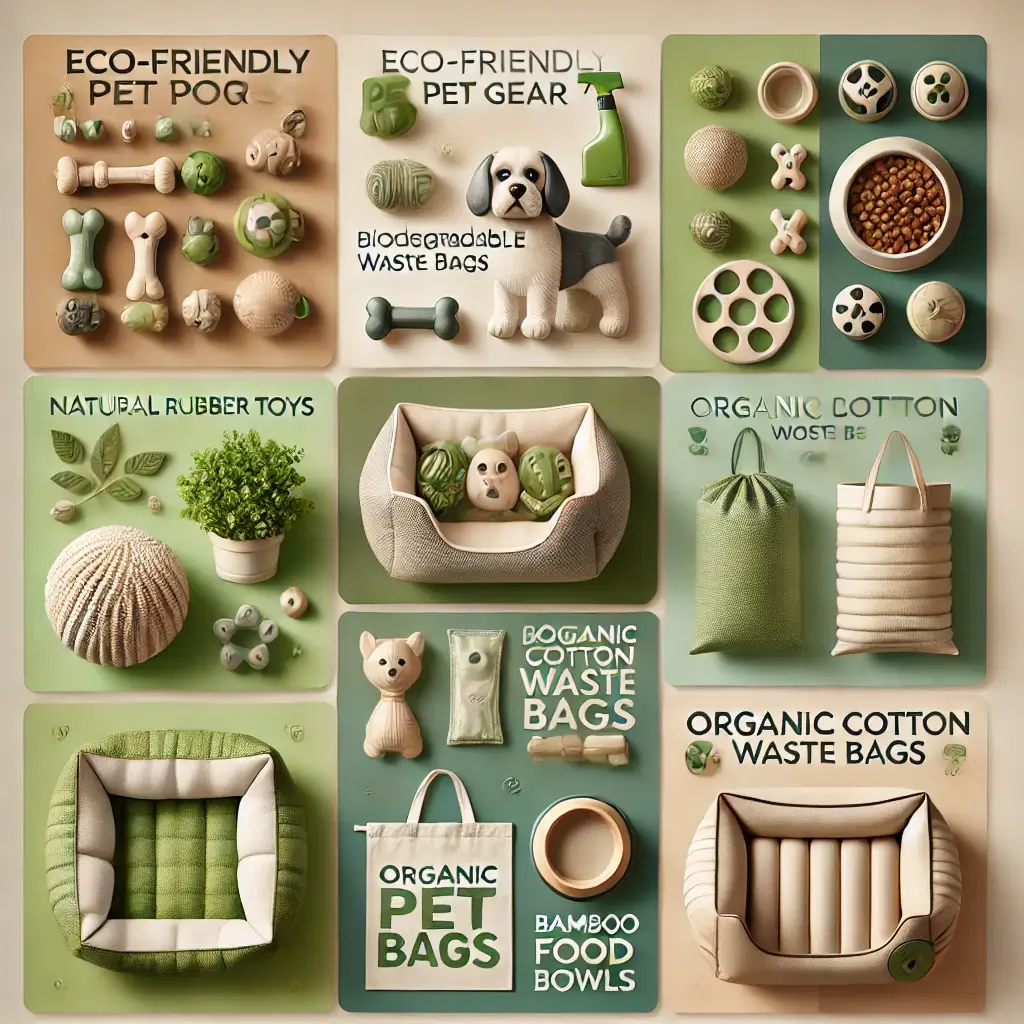 An engaging and detailed image of eco friendly pet gear categories. The image showcases sustainable pet products divided into groups natural rubber t 1