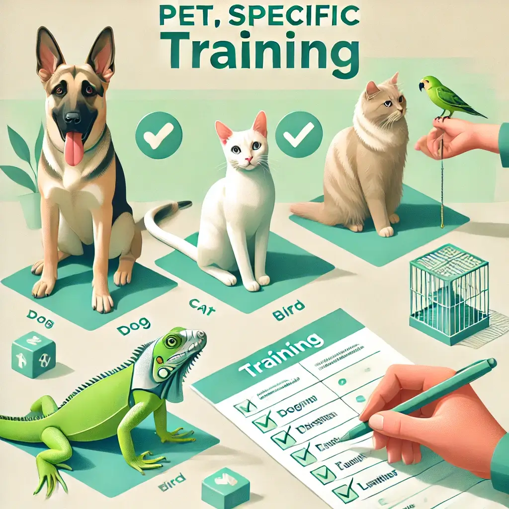 An image that visually represents the concept of pet-specific training. It features various pets (a dog, cat, bird, and lizard) in a clean, modern set
