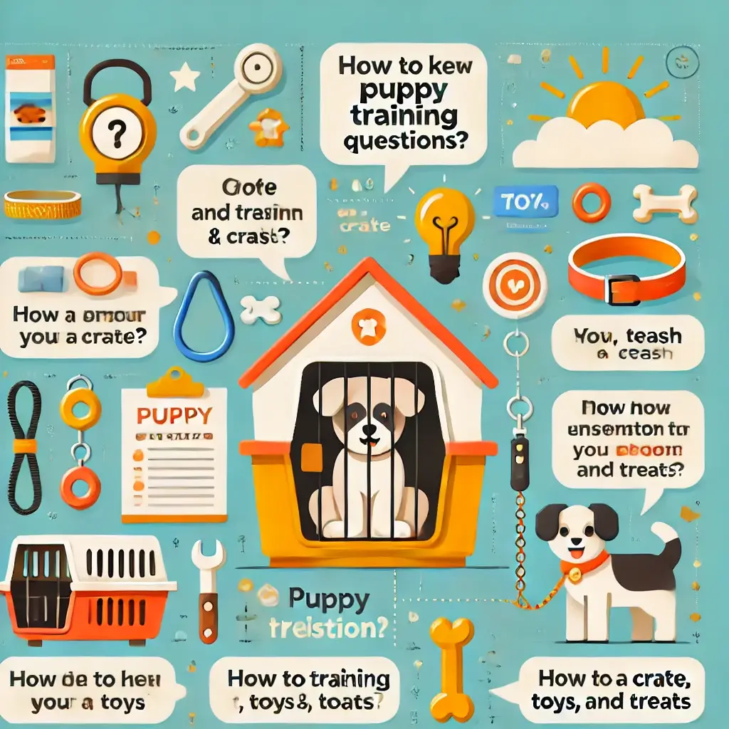 An infographic-style image featuring answers to common puppy training questions. Include icons for training tools like a crate, leash, toys, and treat