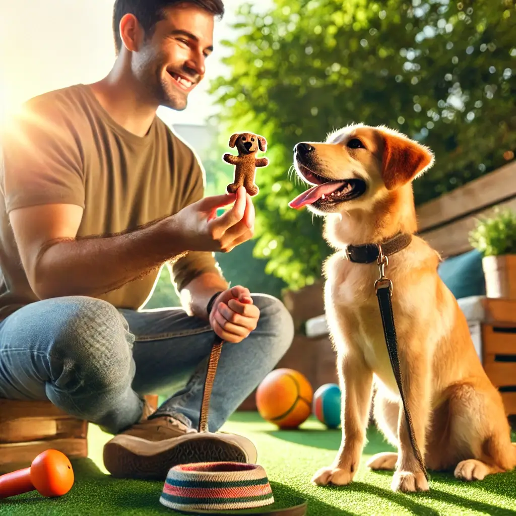 DALL·E 2024-12-26 19.51.40 - A heartwarming moment between a dog and its owner after a successful training session. The scene features a sunny outdoor setting, with the owner hold