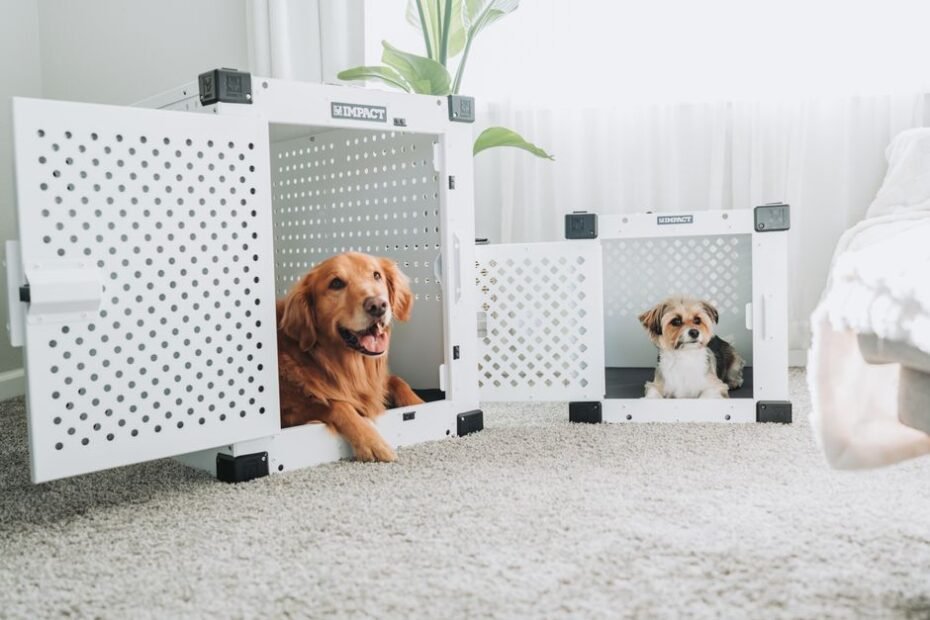Two dogs resting comfortably in modern dog crates