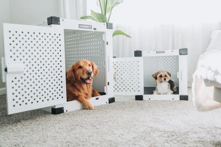 Two dogs resting comfortably in modern dog crates