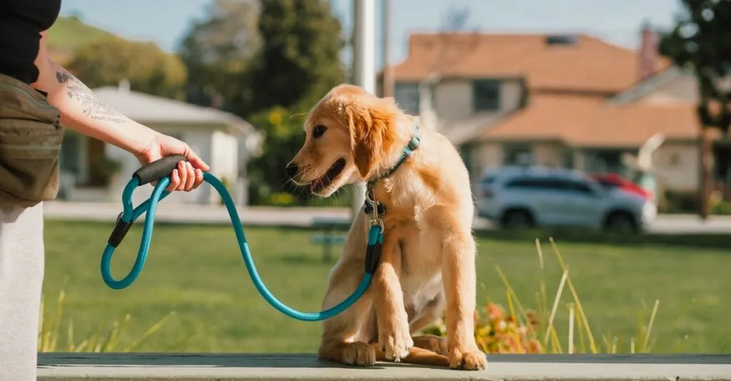 Golden retriever sitting on leash at a curb
