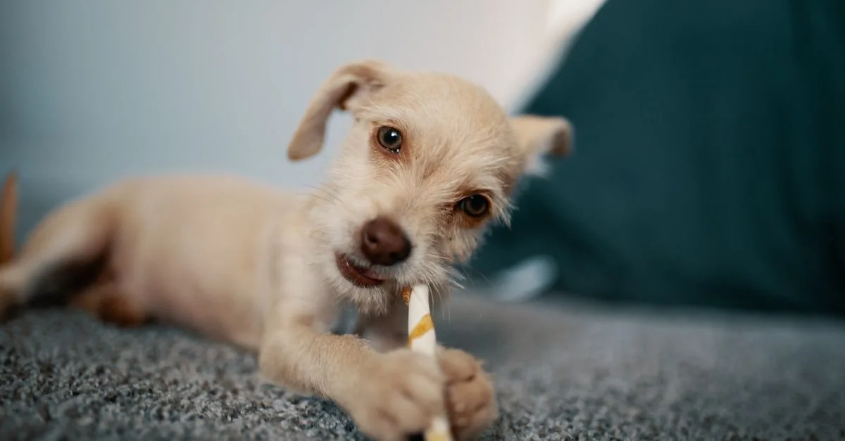 Young puppy gnawing gently on a chew stick