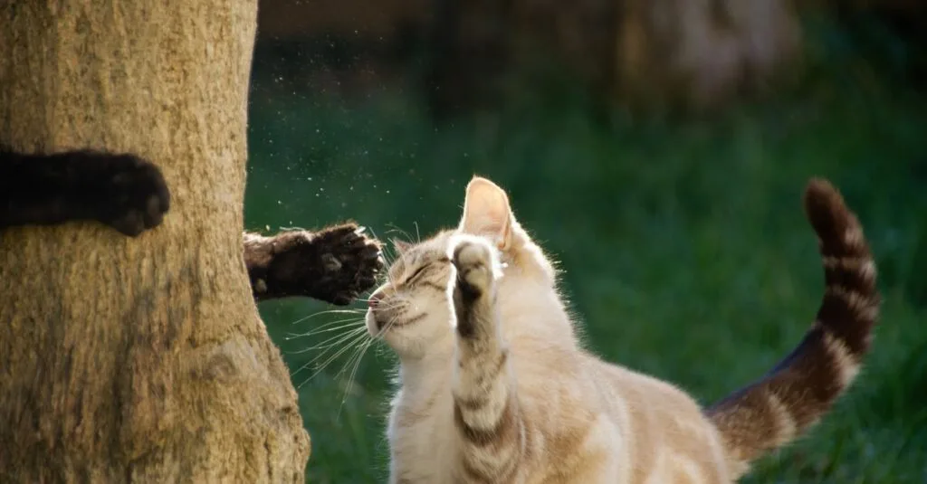 Cat reaching its paw up toward a target outdoors