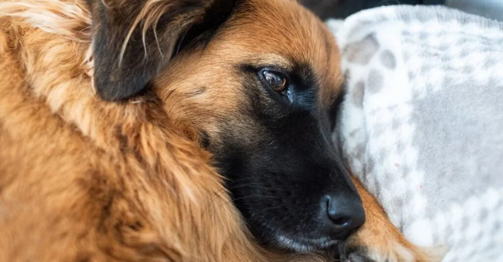 Rescue dog resting its head on a blanket at home